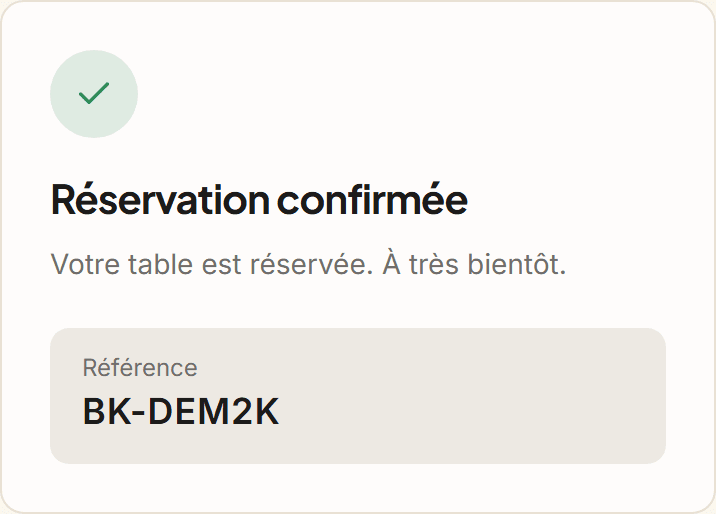L'écran de réservation confirmée vu par le client