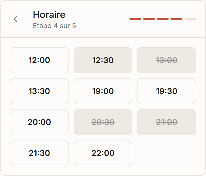 La grille des horaires disponibles sur la page de réservation